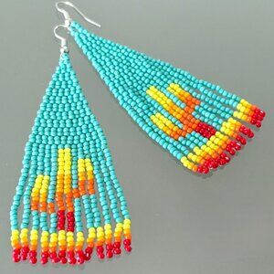 Colorful Teal Southwestern Cactus Cacti Hand Beaded Dangle Tassel Earrings New
